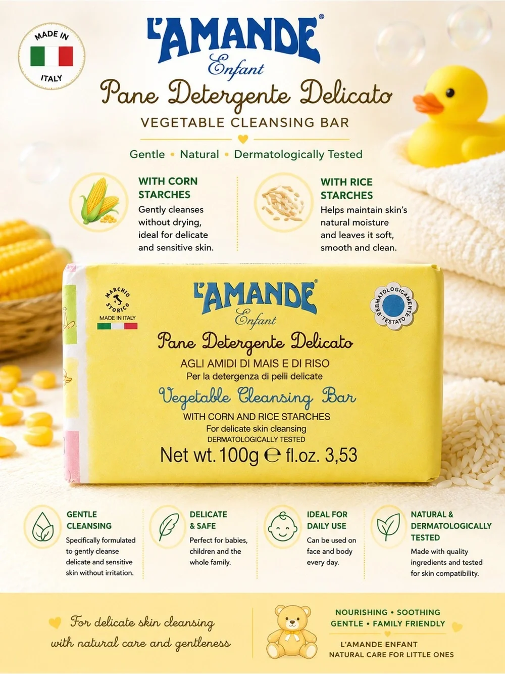 L’AMANDE Enfant Vegetable Cleansing Bar 100g Corn & Rice Starches Baby Soap